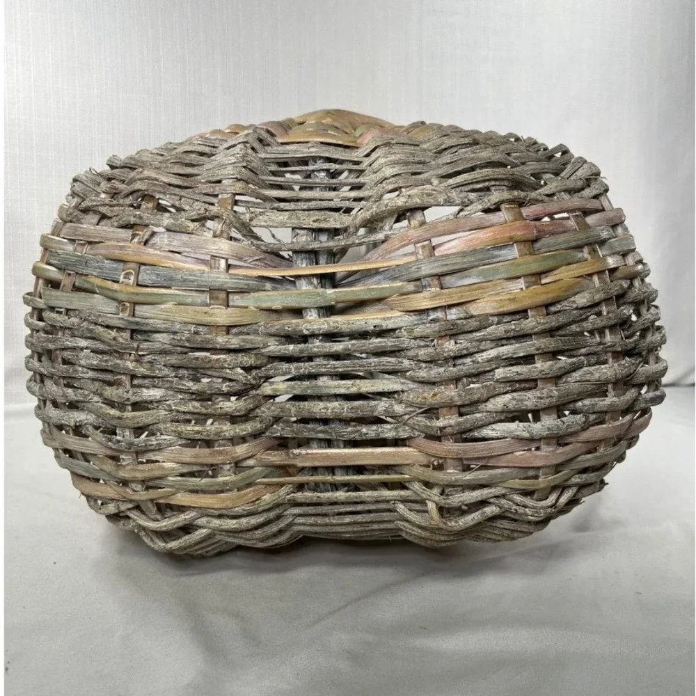 Vintage Hand Woven Rustic Egg Basket God's Eye Primitive Wicker Bentwood Handle